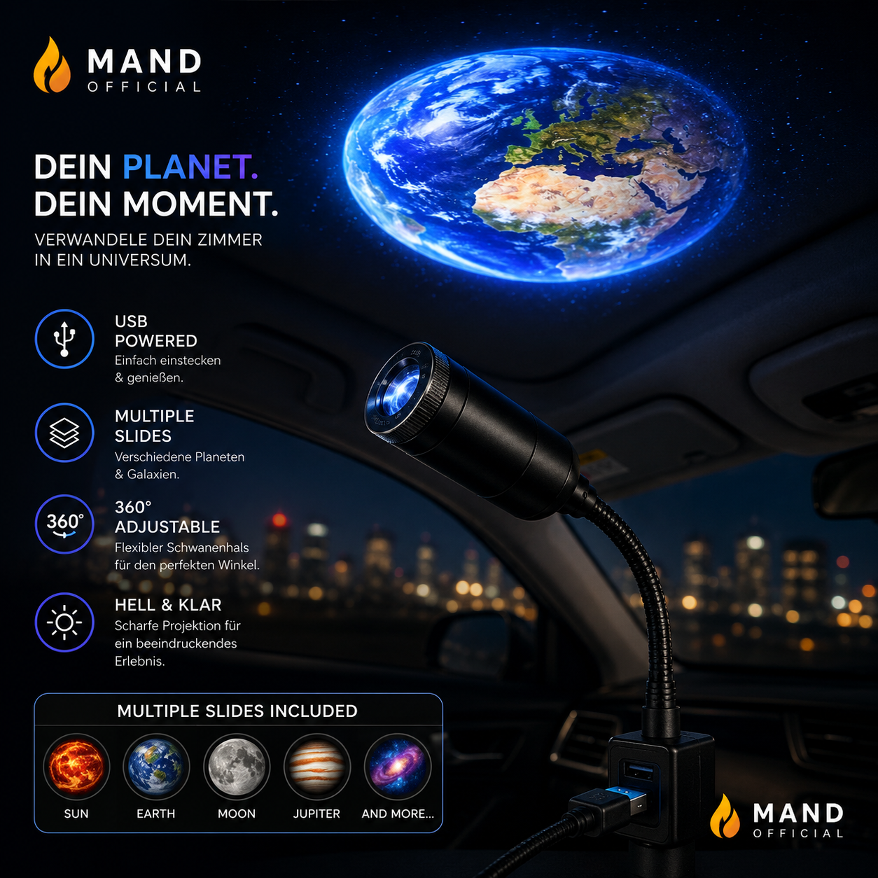 MAND Planet Projektor Licht – Realistische Mond & Galaxy Projektion für dein Zimmer ✨